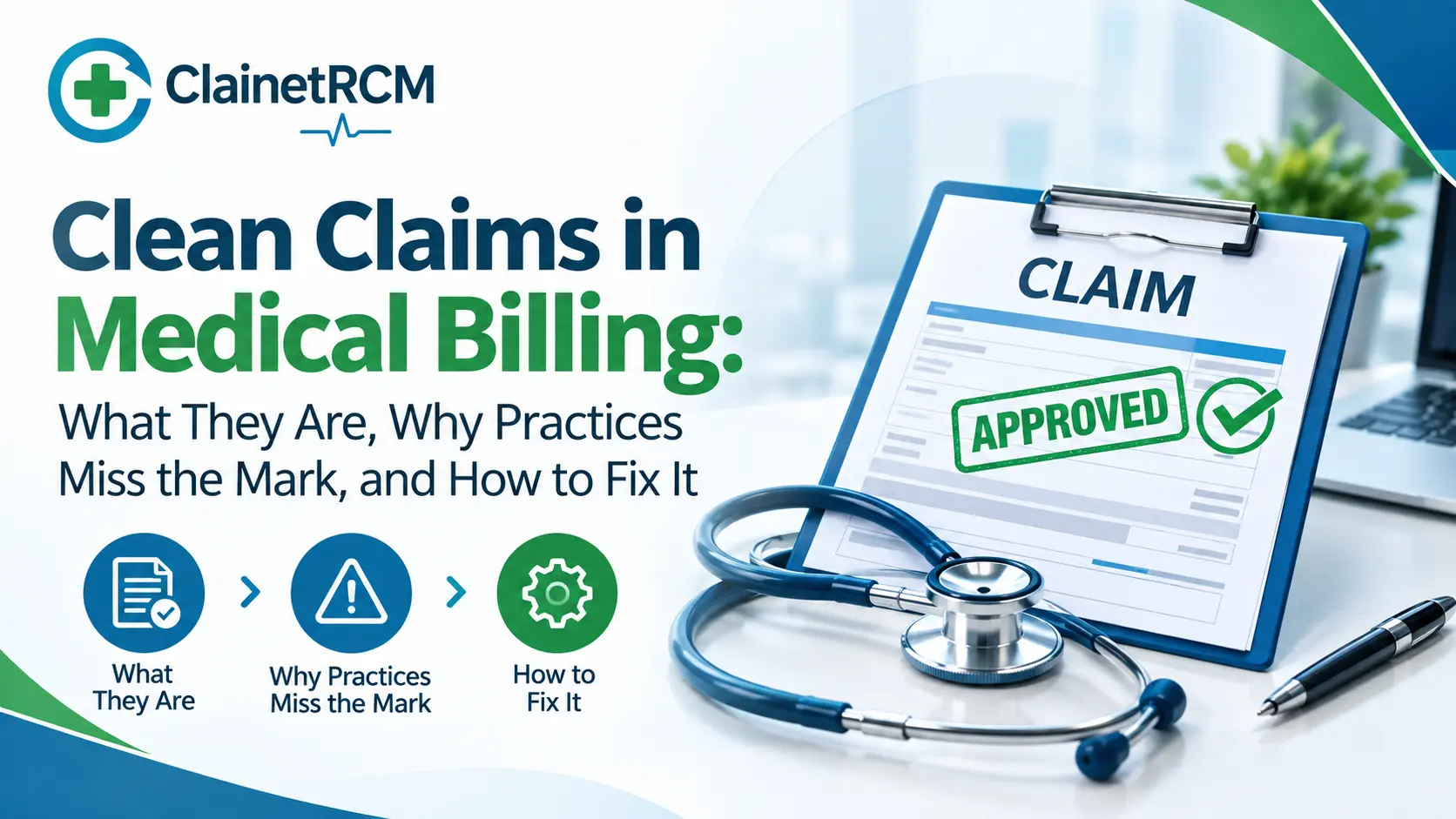 Clean claims in medical billing guide showing the clean claim rate formula, benchmarks, common errors and a pre-submission checklist