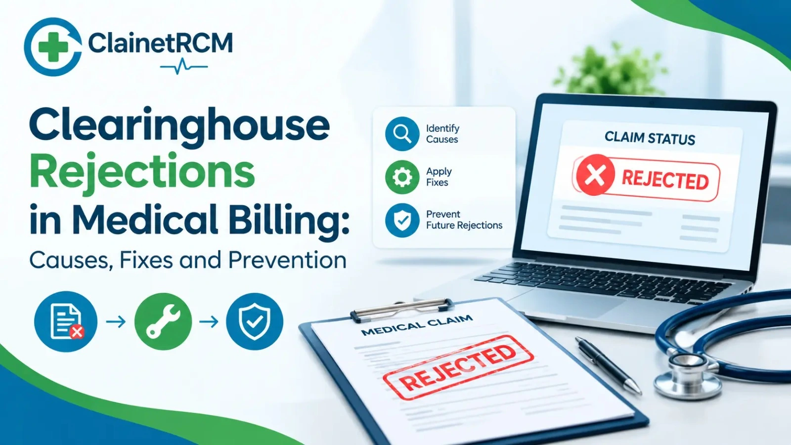 Clearinghouse rejections in medical billing guide showing rejection vs denial, 999 and 277CA reports and the most common rejection causes