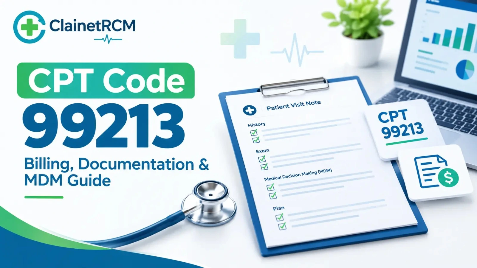 CPT code 99213 billing, documentation and MDM guide showing 2026 RVU rates, time thresholds and modifiers