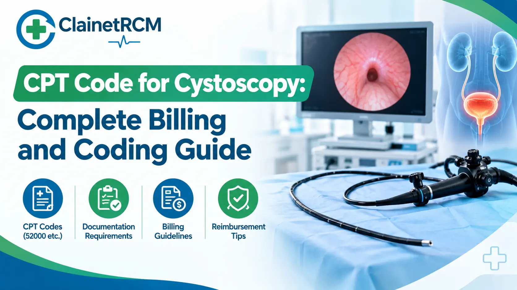 CPT code for cystoscopy guide showing the 52000 to 52352 code family, modifiers, ICD-10 pairings and NCCI bundling edits