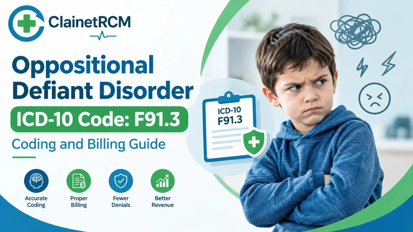 Oppositional defiant disorder ICD-10 code F91.3 guide with DSM-5-TR criteria, DMDD and conduct disorder differences and documentation rules