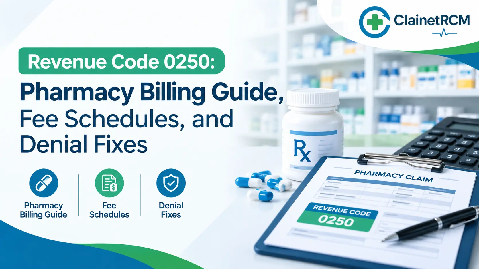 Revenue code 0250 pharmacy billing guide showing the 025X family, HCPCS and NDC pairing, Medicare OPPS packaging and JW and JZ modifiers